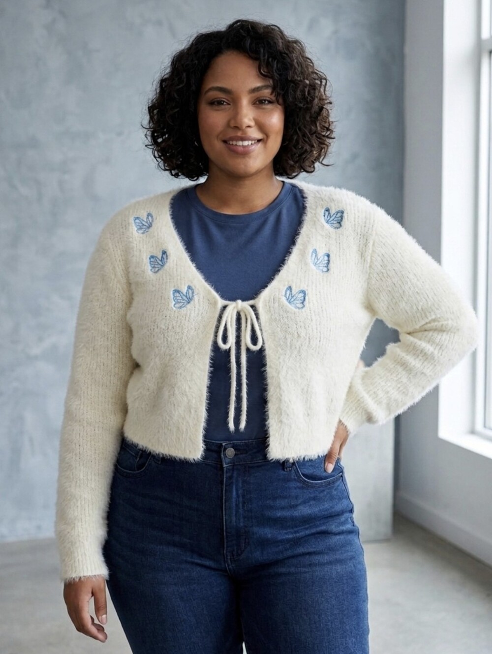 SHEIN Cream Fuzzy Front Tie Crop Butterfly Cardigan Sweater Y2K Coquette, 3X